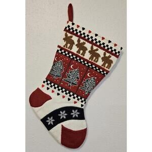 Christmas Knit Embroidered Stocking with Trees, Reindeer and Snowflakes